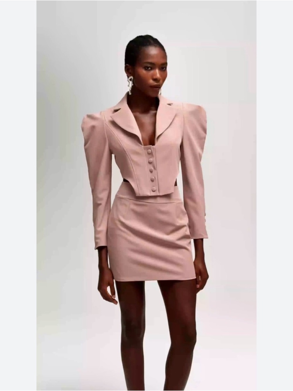 Innovare denim Skirt Suit  Puff-Sleeve in Dusty Pink NWT